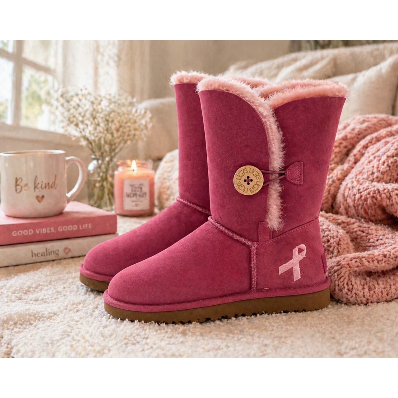 Ugg Australia Pink Ribbon Tall Boots Womens Size 7 Suede Sheepskin Eu 38